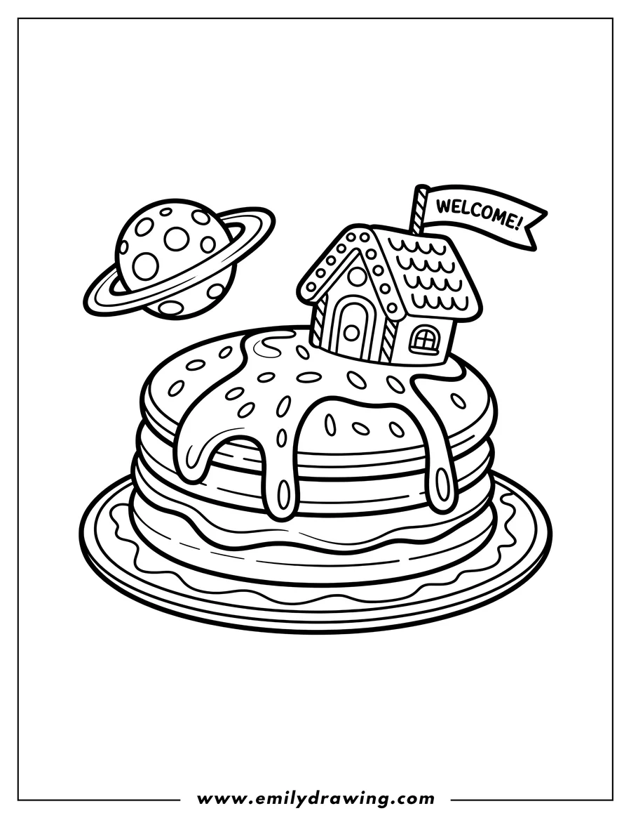 Outline of a stack of pancakes with syrup and a small house on top, resembling a planet with a ringed planet in the background.
