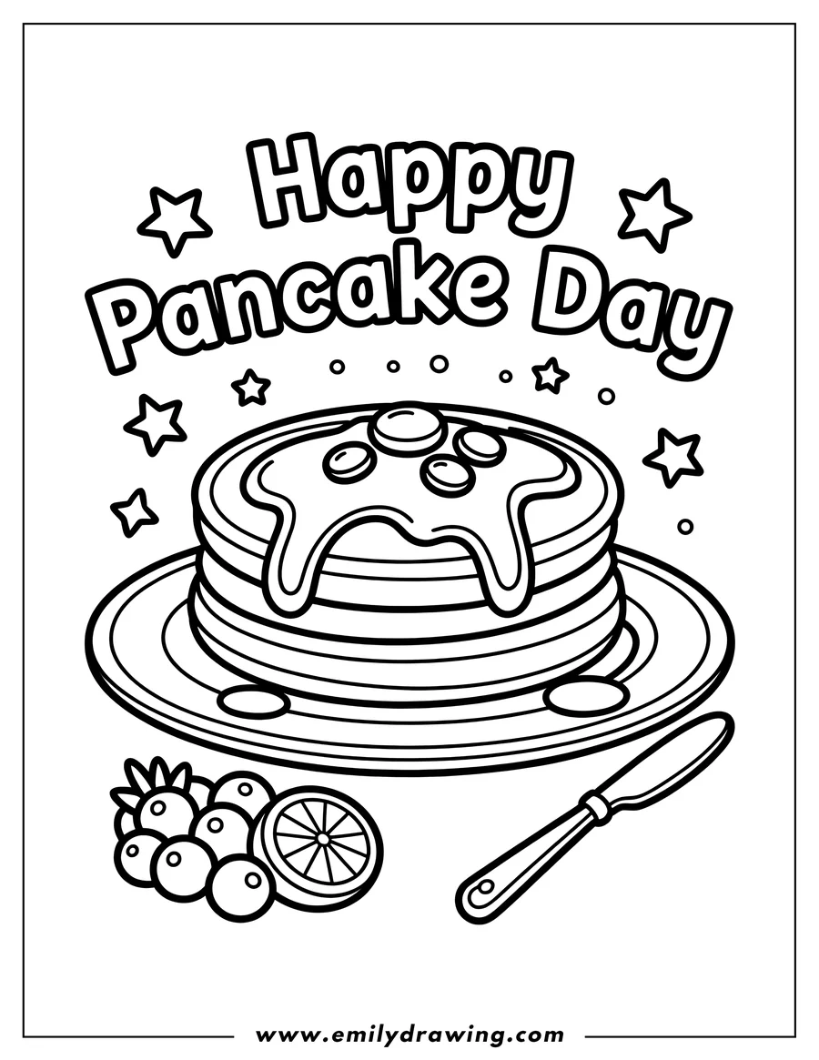 Line art of a stack of pancakes with syrup, butter, blueberries, and an orange slice, with a butter knife and the words 