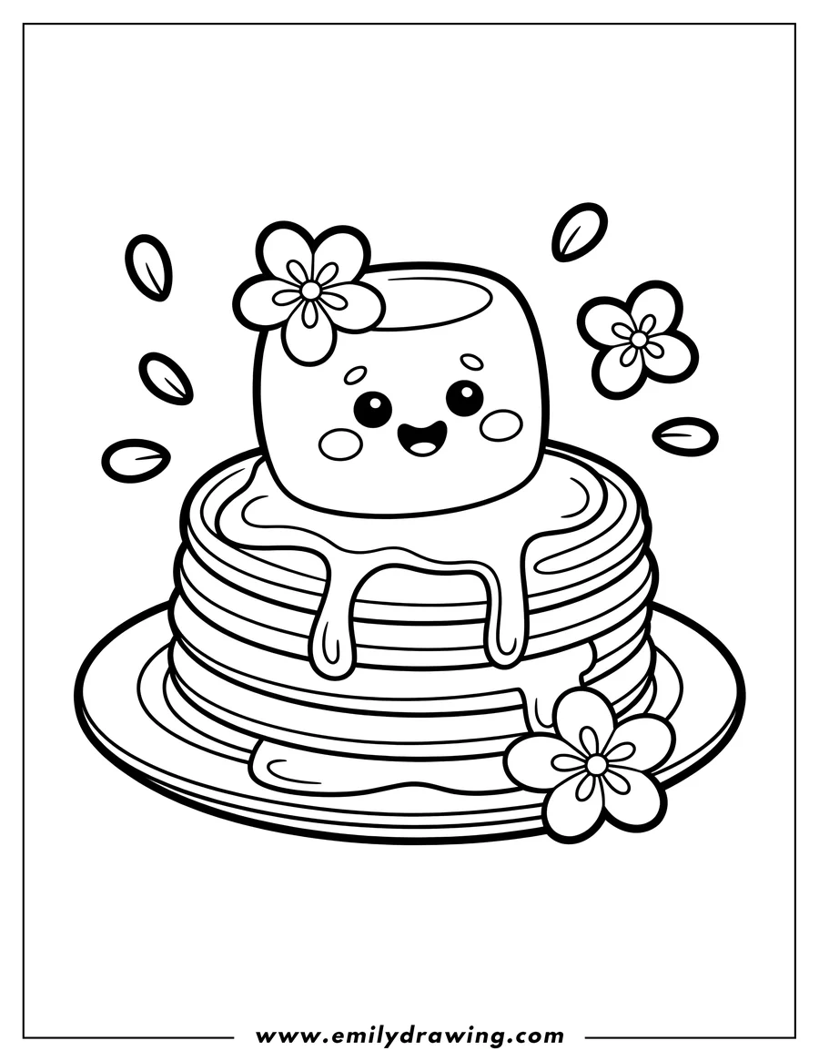 Outline drawing of a stack of pancakes with syrup, a marshmallow, and decorative flowers.