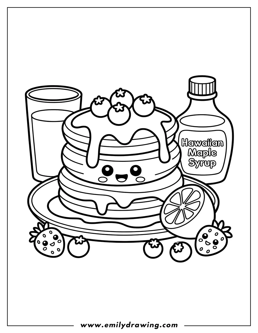 Line art of a stack of pancakes with syrup, blueberries, a strawberry, lemon slice, and a bottle of syrup and glass of milk.