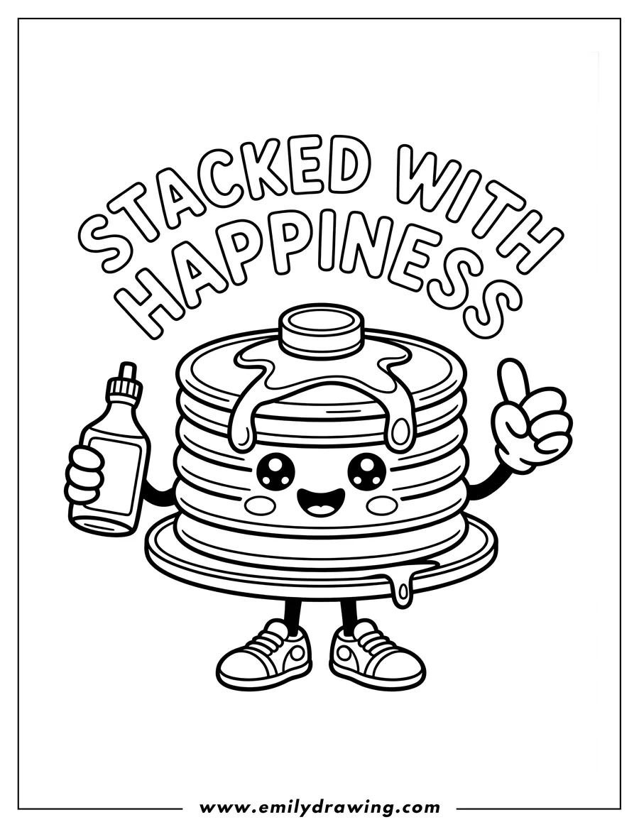 Line art of a happy pancake holding a bottle of syrup and giving a thumbs-up. The words 