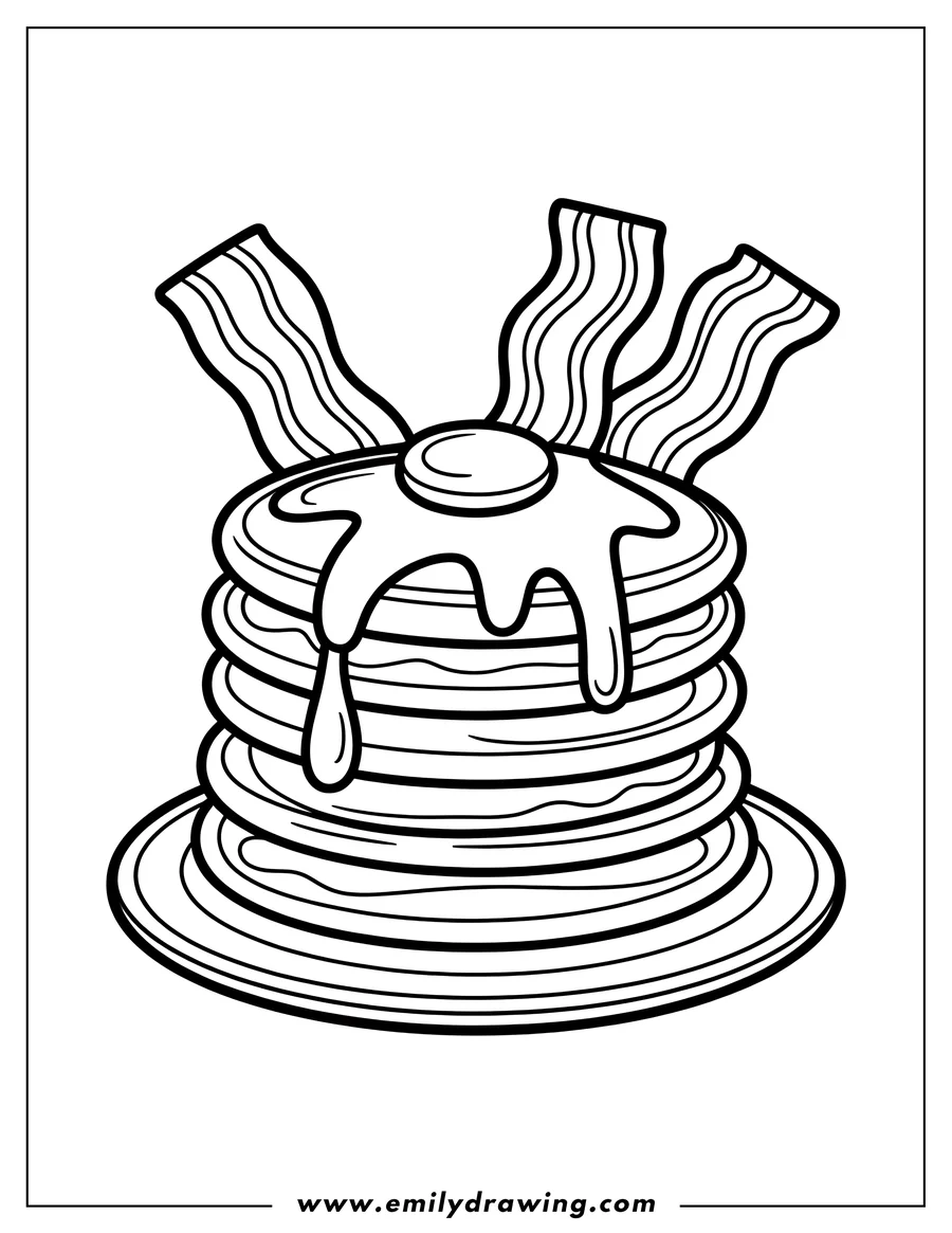 Outline of a stack of pancakes with syrup and three slices of bacon on a plate.