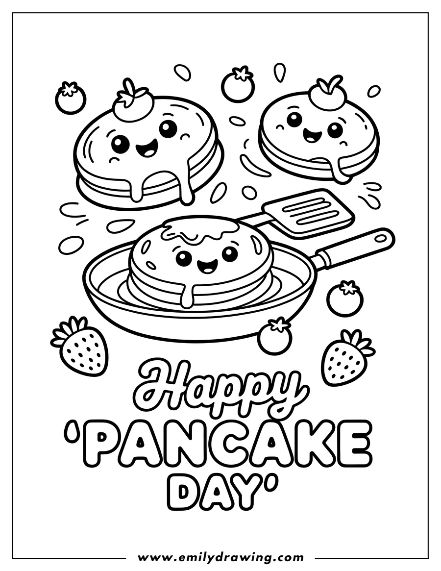Outline of three smiling pancakes, two floating with blueberry toppings and one in a pan with syrup, surrounded by strawberries and blueberries. The text 'Happy Pancake Day' is below.