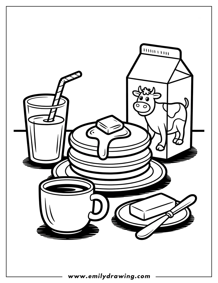Outline of a plate of pancakes with butter and syrup, a glass of milk, a carton of milk with a cow on it, and a cup of coffee.