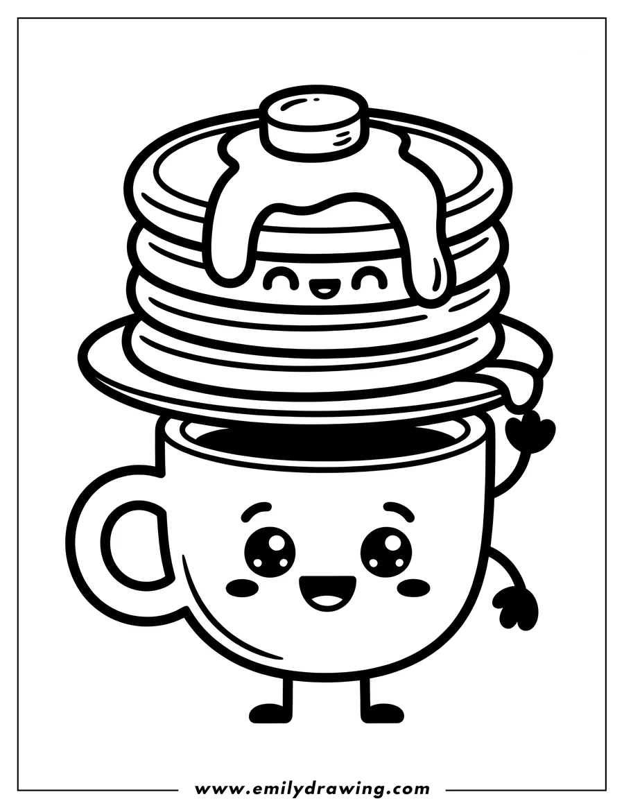 Line art of a cute coffee cup holding a stack of smiling pancakes with butter and syrup.