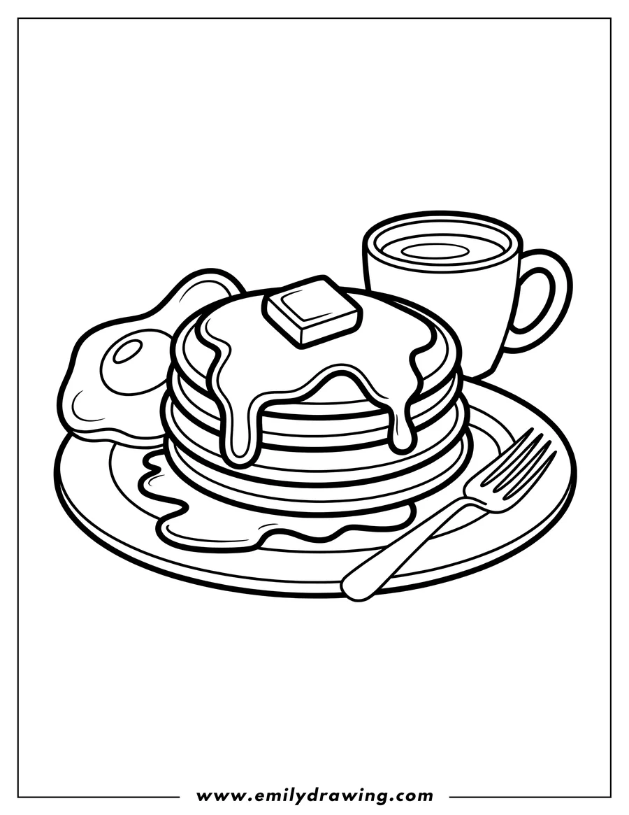 Line art of a plate of pancakes with syrup and butter, a fried egg, and a cup of coffee or tea. A fork is on the plate, ready for a delicious breakfast.