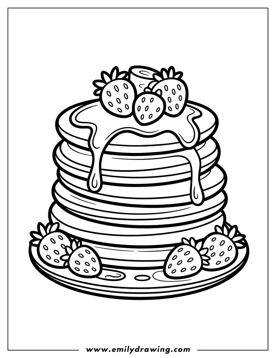 Outline of a stack of pancakes with syrup and strawberries on a plate.