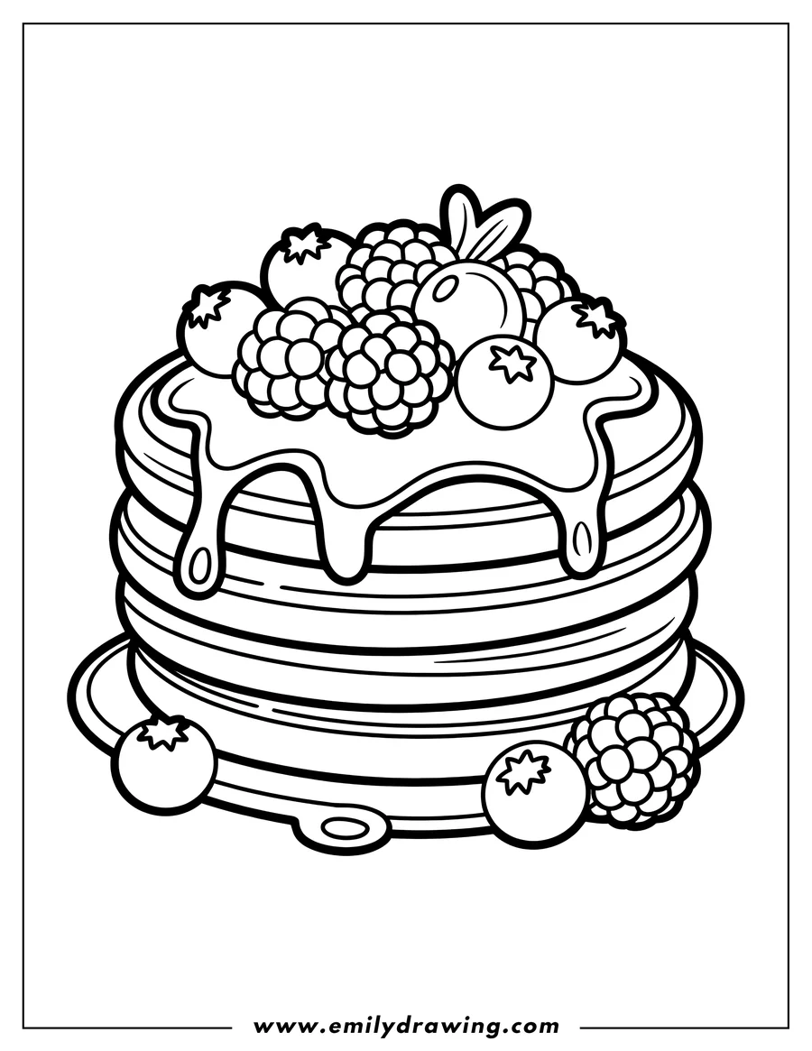 Line art of a stack of pancakes topped with syrup and berries, ready to be colored.