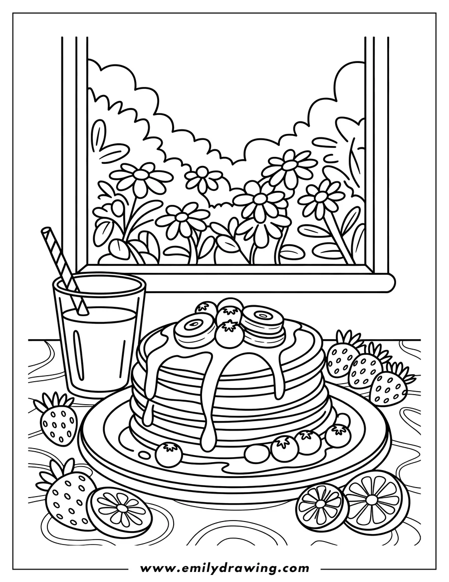 Line art of a stack of pancakes topped with syrup, sliced bananas, and blueberries on a plate, with strawberries and orange slices nearby. A glass of juice with a striped straw sits beside the pancakes, and a window showing flowers is in the background.