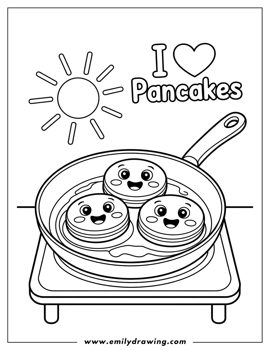 Outline of three smiling pancakes cooking in a frying pan on a stovetop, with a cheerful sun and the words 'I Love Pancakes' above.
