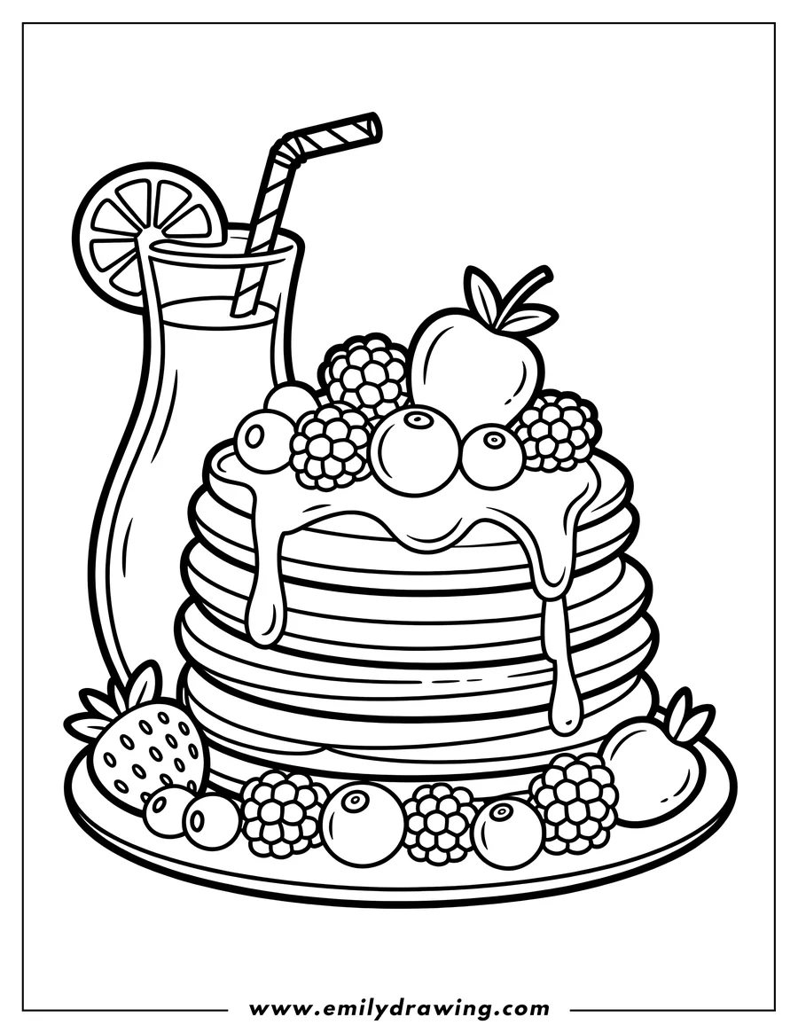 Line art of a stack of pancakes topped with berries and syrup, next to a glass of juice with a lemon slice and straw.