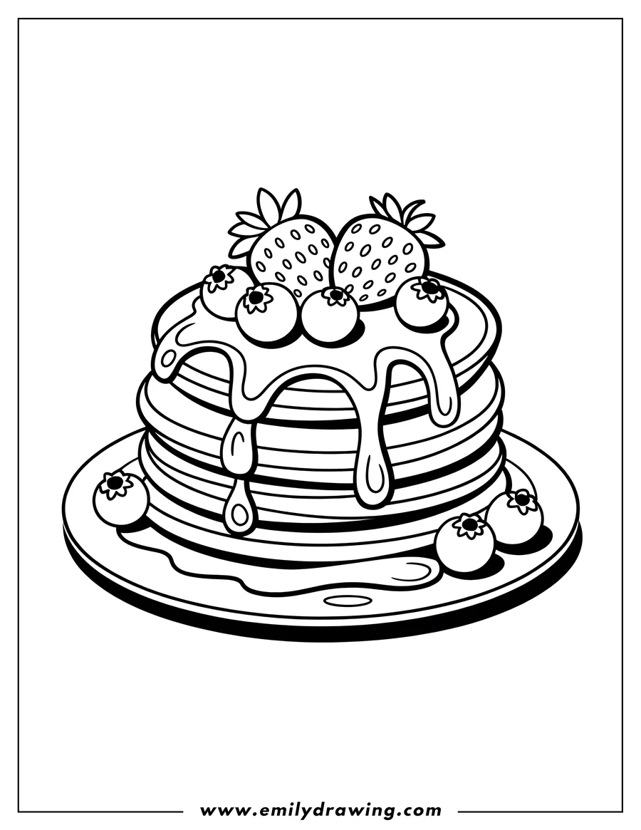 Line art of a stack of pancakes topped with strawberries, blueberries, and syrup.