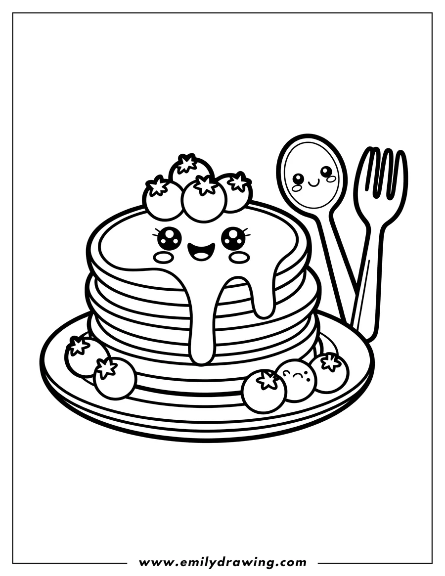 Outline drawing of a stack of pancakes topped with blueberries and syrup, served on a plate with a cute smiling spoon and fork.
