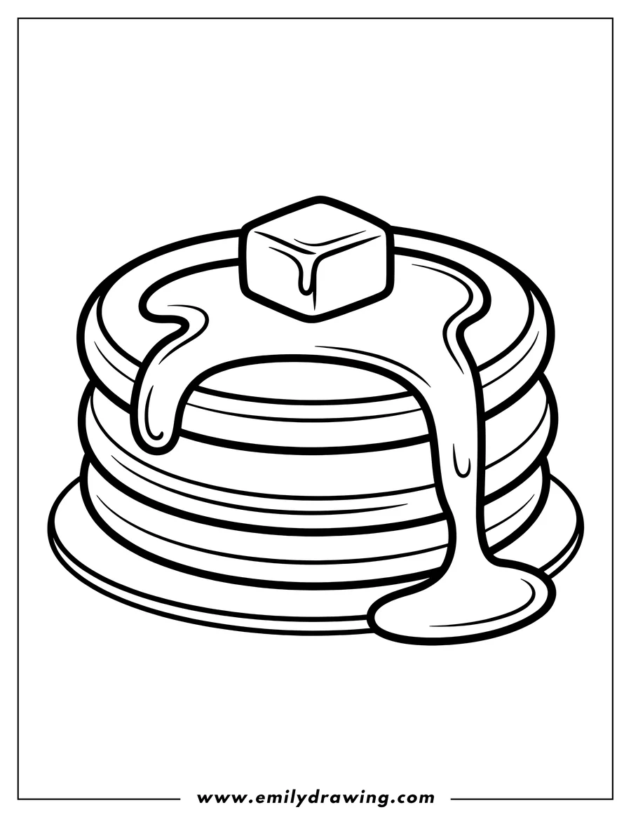 Outline of a stack of pancakes with butter and syrup dripping down the sides.