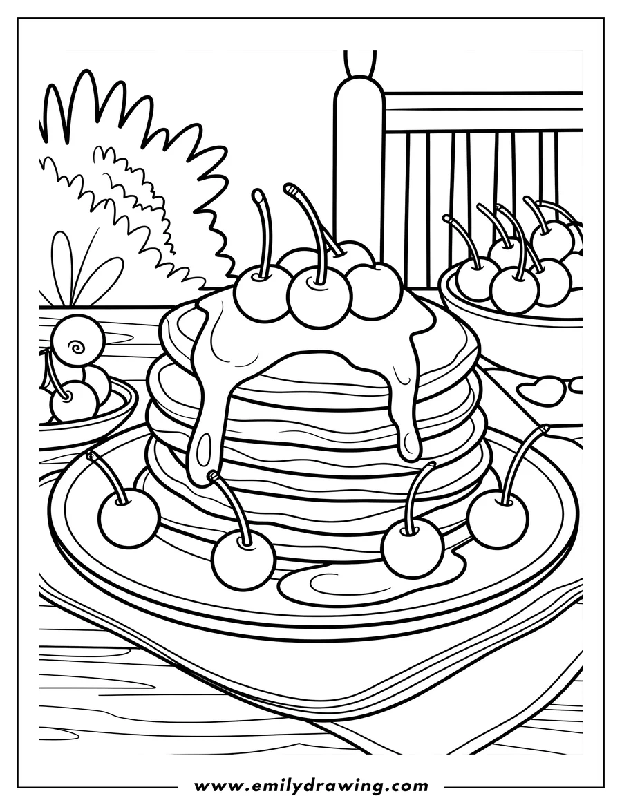 Line art of a stack of pancakes topped with cherries and syrup, with a bowl of cherries nearby on a wooden table.