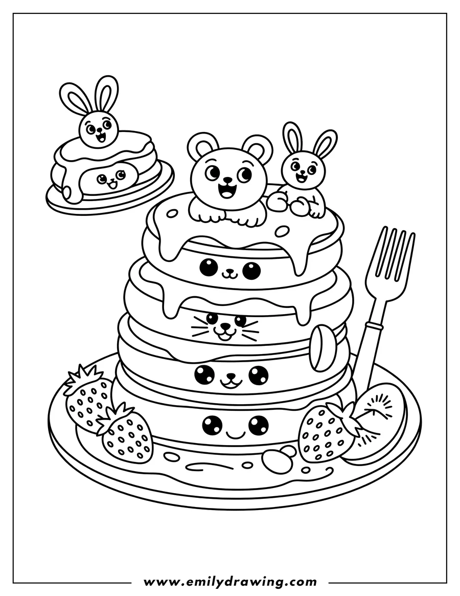 Line art of a stack of pancakes with cute animal faces and a bunny and bear on top. The pancakes are on a plate with strawberries and syrup, next to a fork.