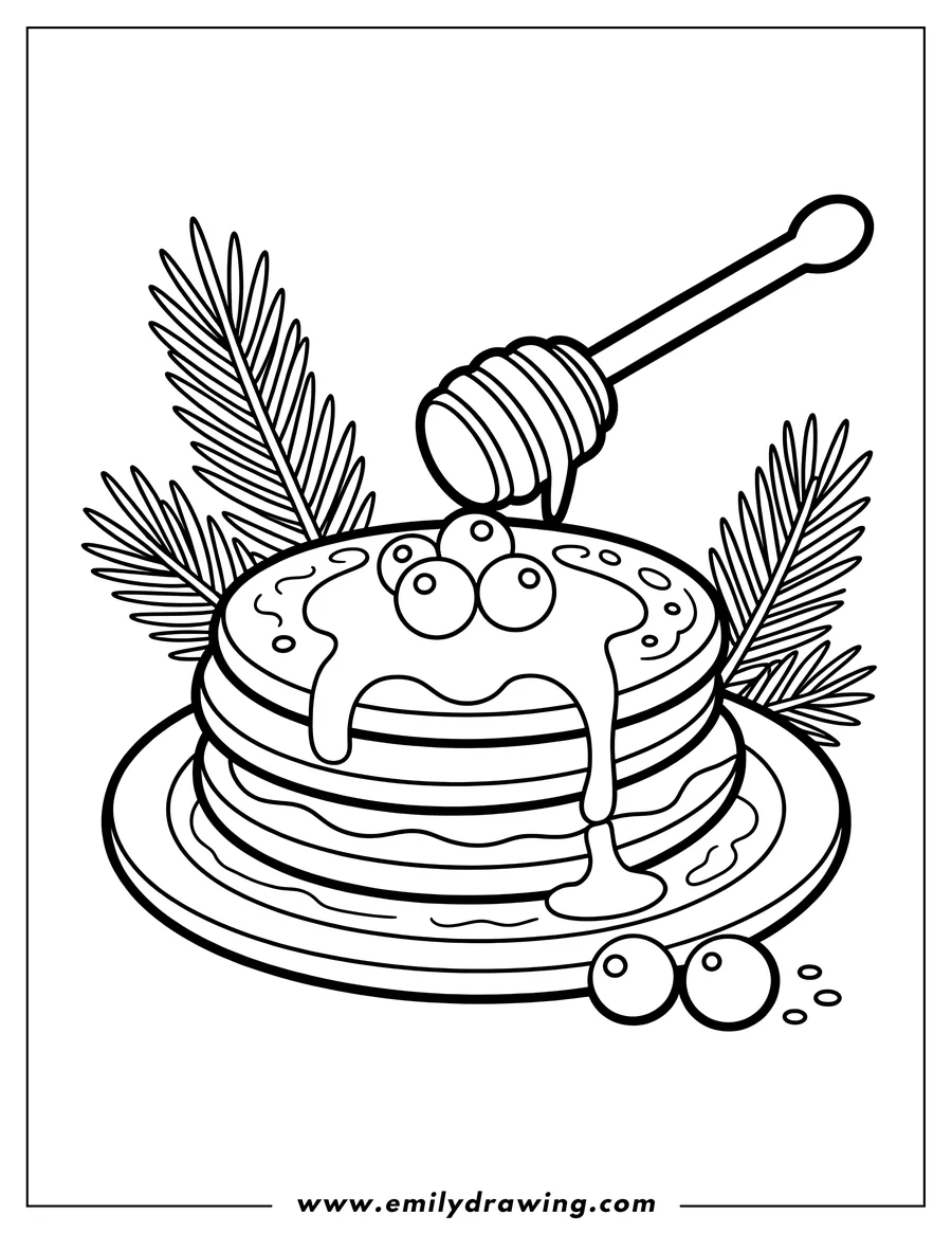 Line art of a stack of pancakes with honey dripping from a honey dipper and topped with blueberries.