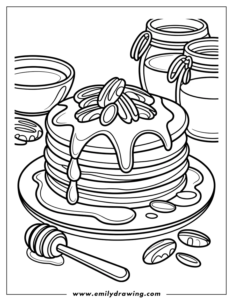 Line art of a stack of pancakes with honey dripping down the sides and nuts sprinkled on top.  A honey dipper, honey pots, and a bowl are also visible.