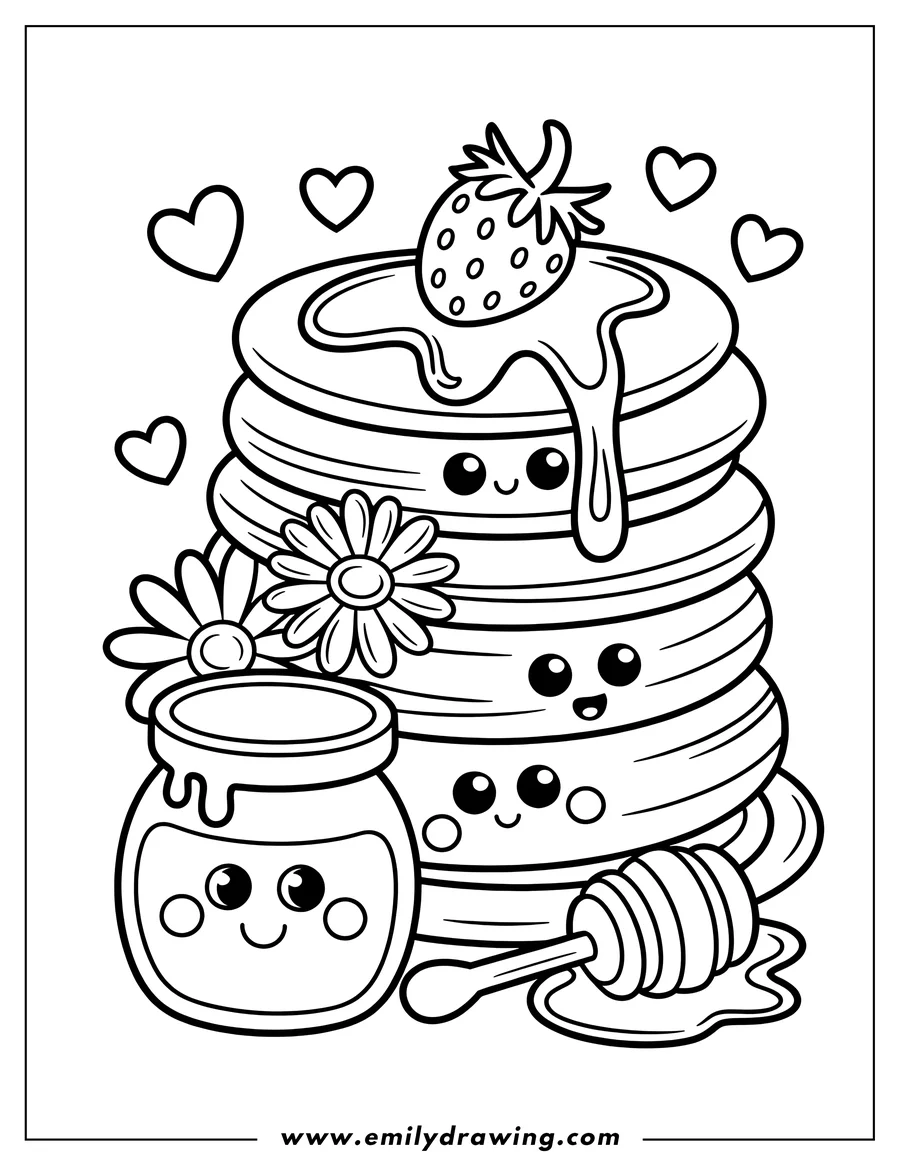 Outline of a stack of cute pancakes with a strawberry and honey. A jar of honey and a honey dipper are beside the pancakes, along with some small flowers.