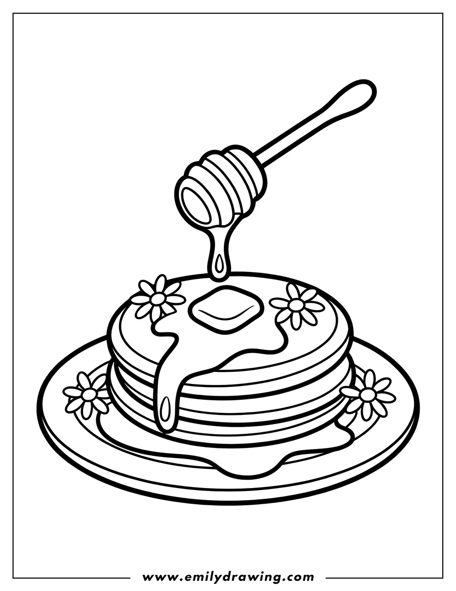 Line art of a stack of pancakes on a plate, topped with butter, flowers, and honey dripping from a honey dipper.