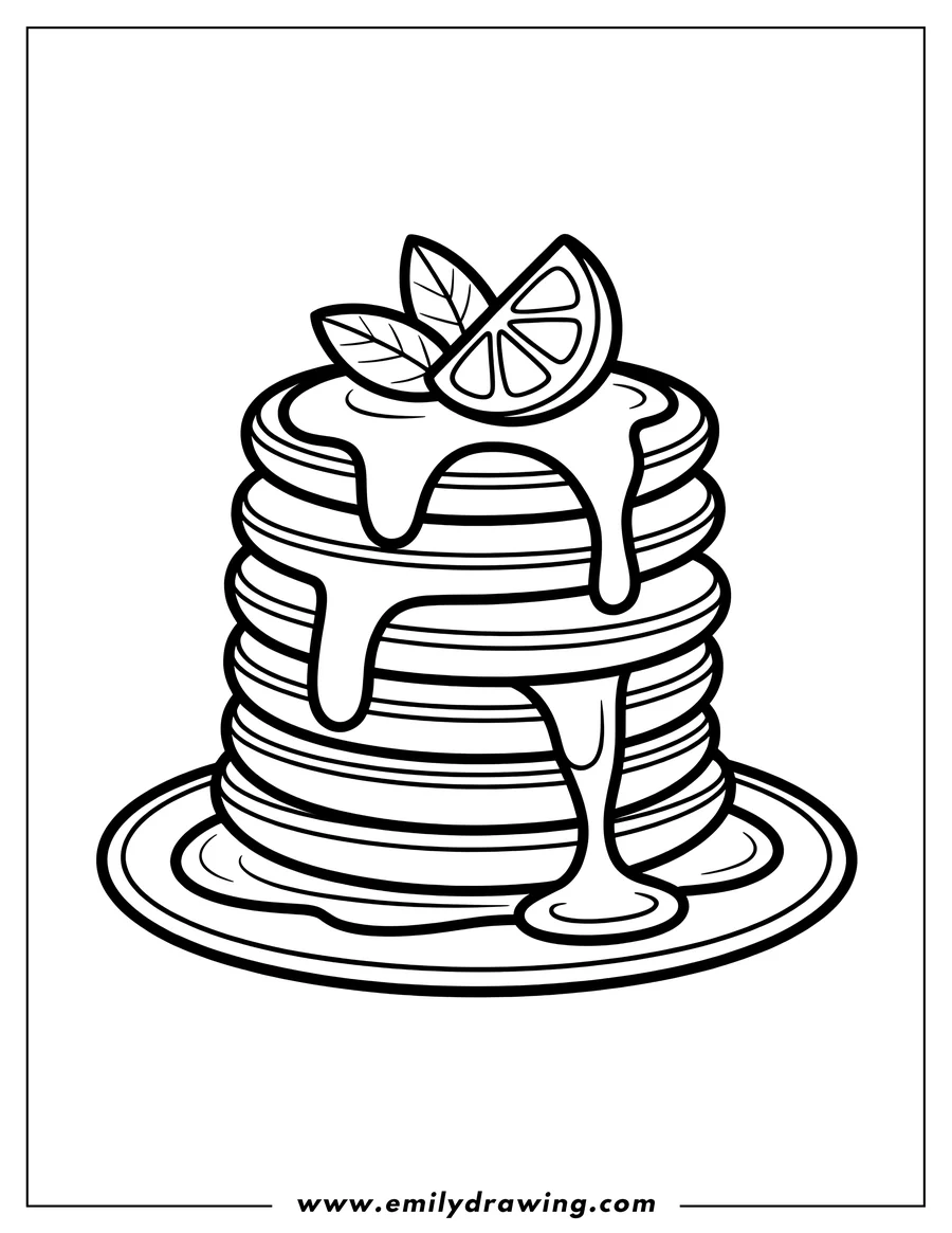 Outline of a stack of pancakes with syrup and a lemon slice on top.