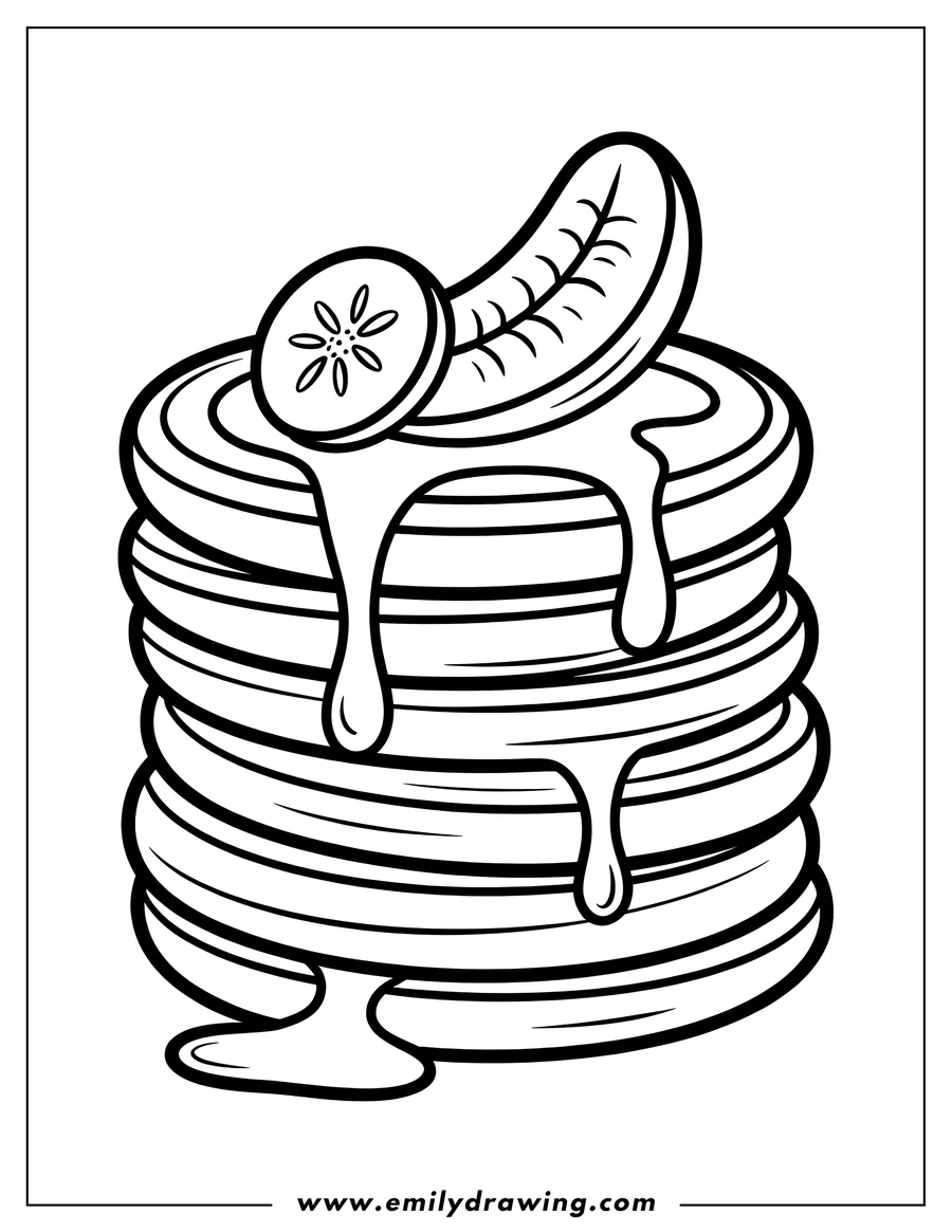 Line art of a stack of pancakes with syrup dripping down the sides and topped with a banana slice.