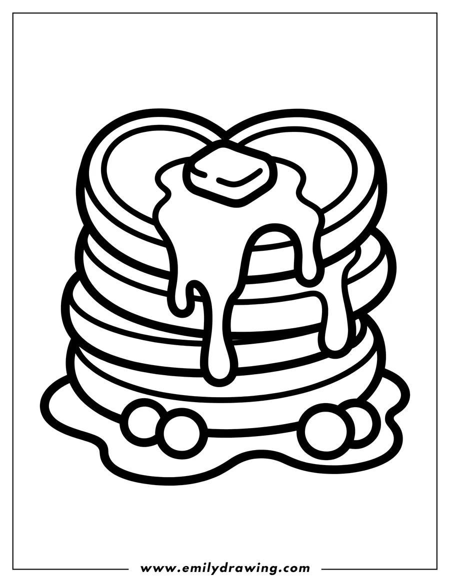 Outline of a stack of pancakes with syrup, butter, and blueberries.