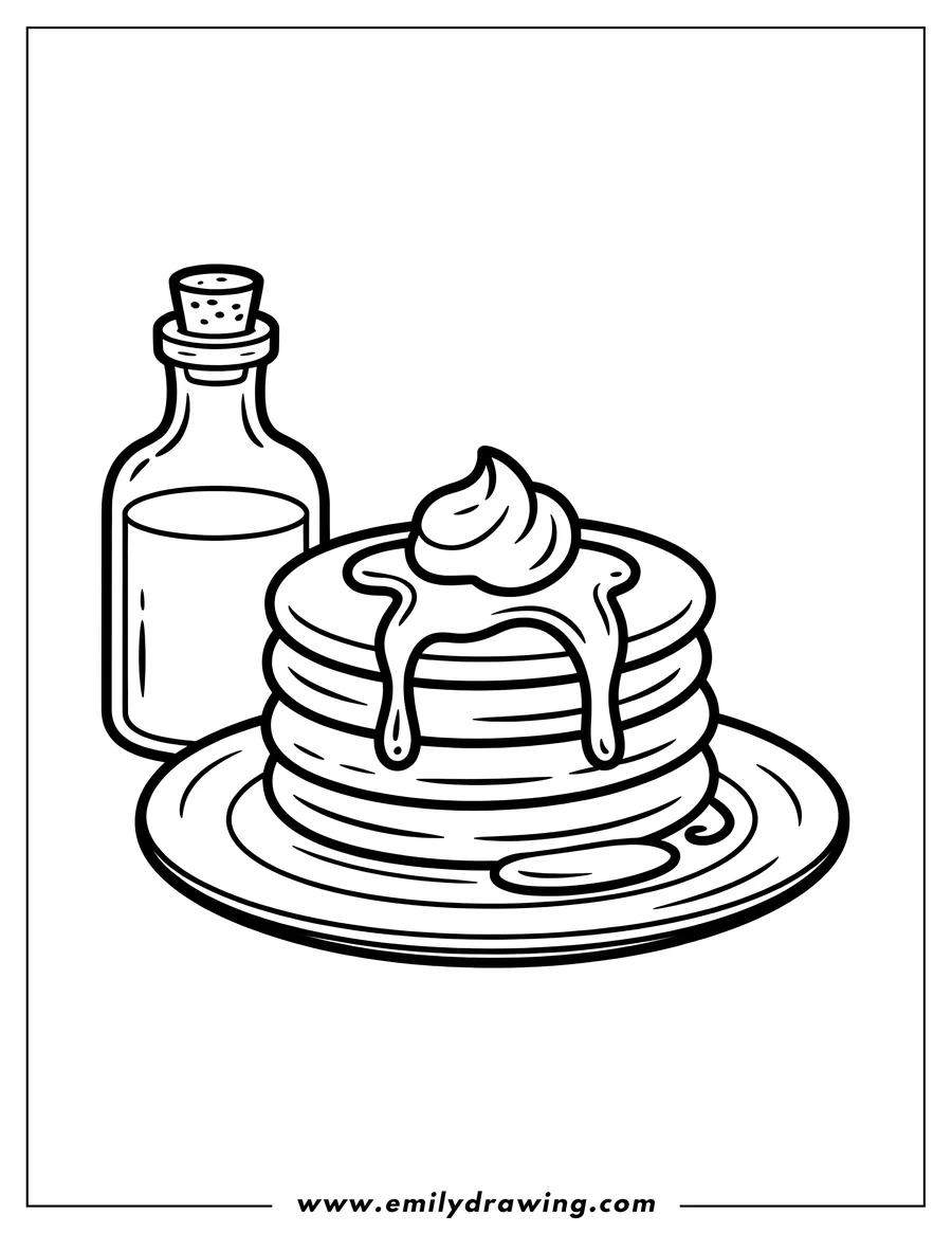 Line art of a stack of pancakes on a plate with syrup and butter, and a bottle of syrup next to it.