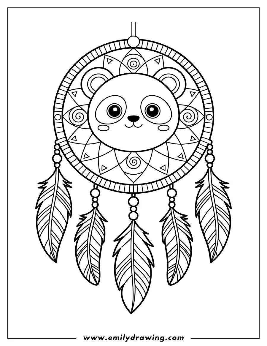 Outline of a panda's face inside a dreamcatcher decorated with geometric patterns and feathers.