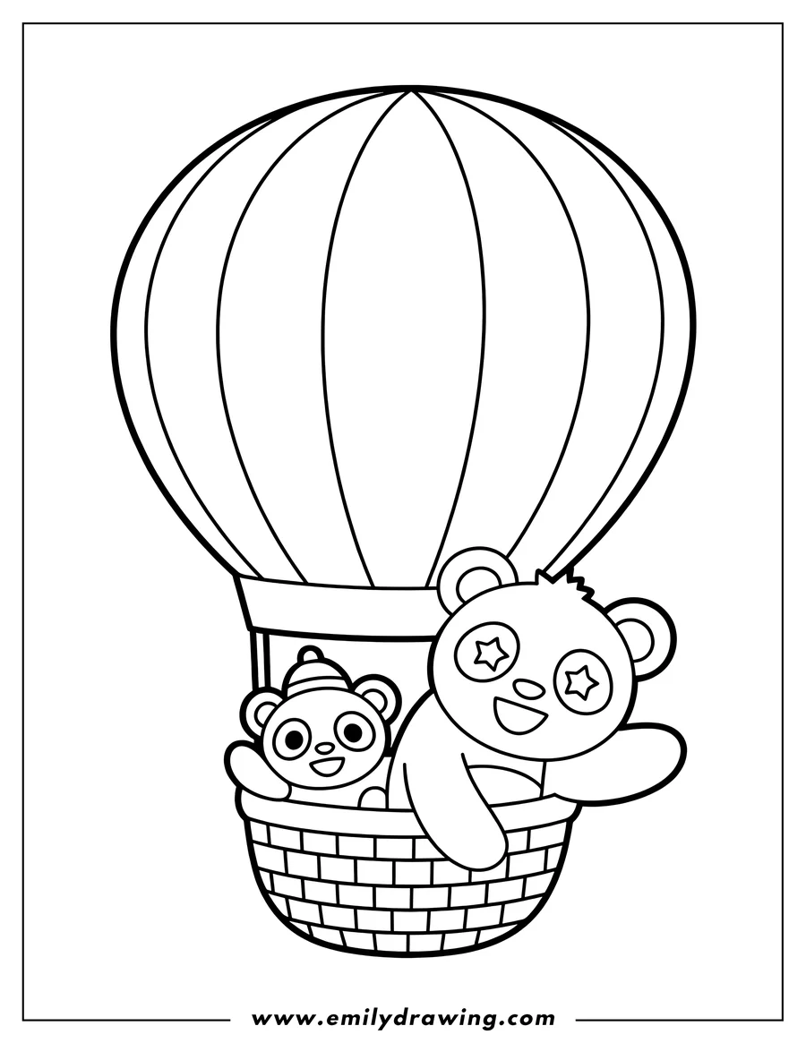 Outline of two pandas riding in the basket of a hot air balloon. One panda wears a winter hat and the other has stars on its eyes.