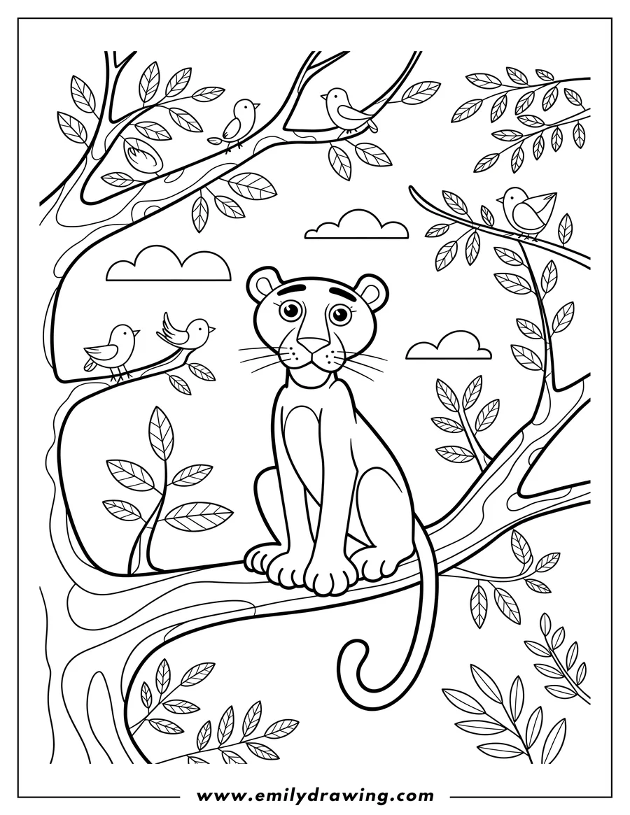 Outline of a panther sitting in a tree, surrounded by small birds and leaves.