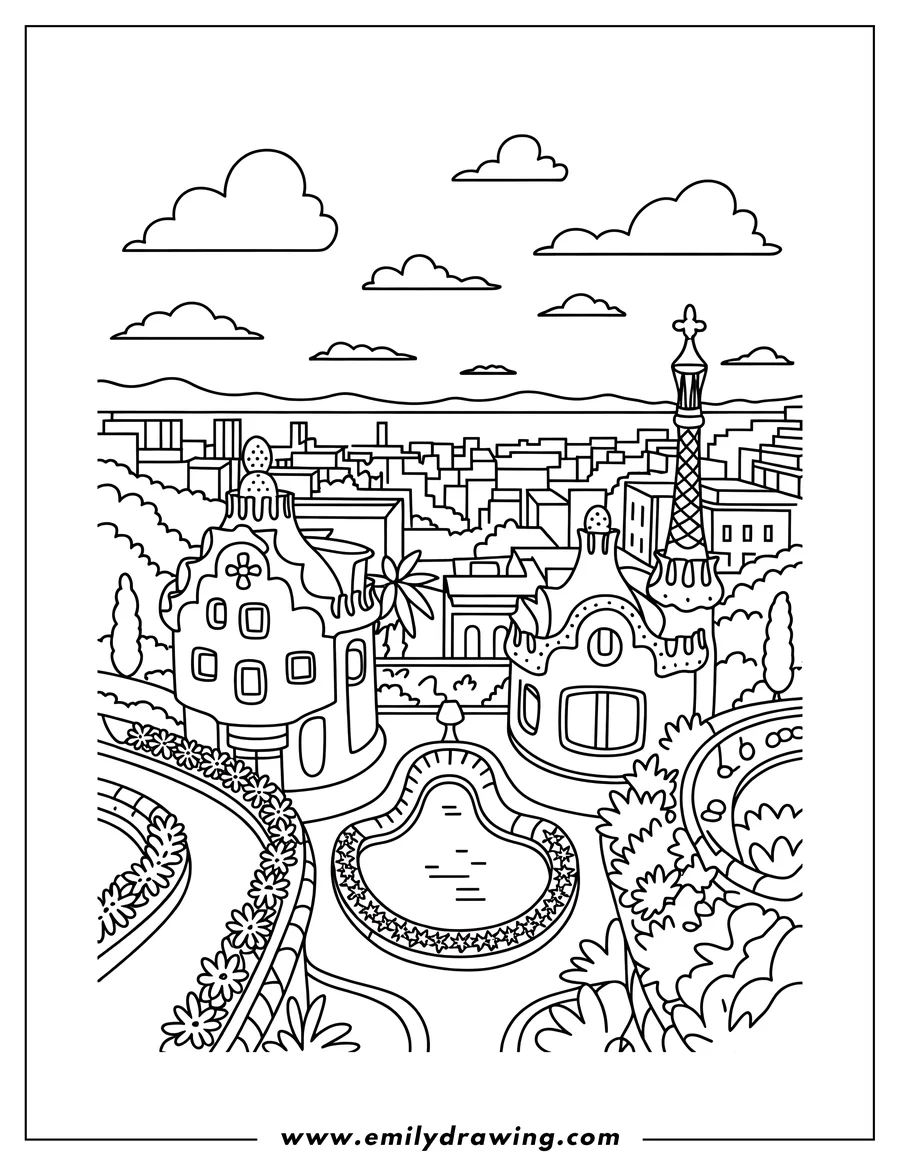 Outline drawing of Park Güell in Barcelona. It shows two gingerbread-style houses, a tower, a pond, pathways, gardens, and a city view in the distance.