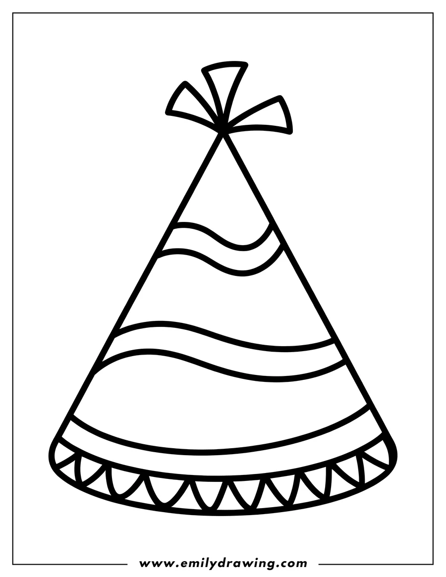 Line art of a festive party hat with decorative wavy lines and a zig-zagged bottom edge.