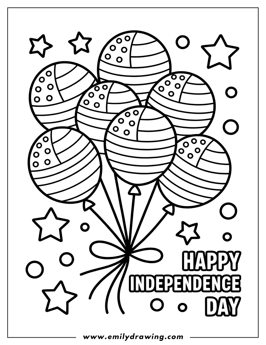 Outline of a bunch of balloons decorated with stars and stripes, tied together with a ribbon, and with the words 