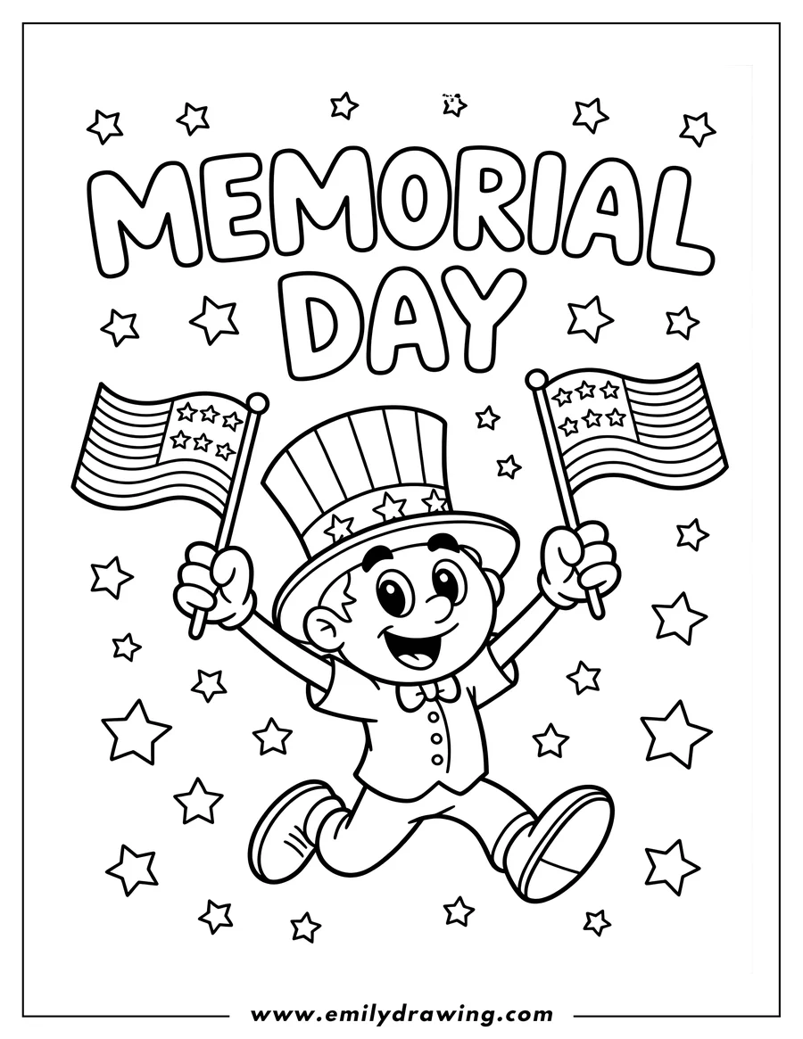 Line art of a boy wearing an Uncle Sam hat, running and waving two American flags with stars scattered around him.