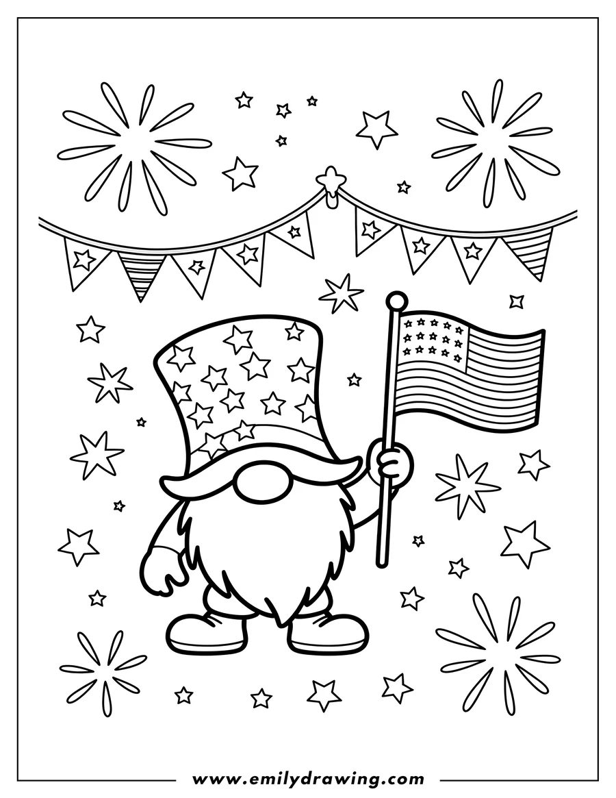 Outline of a patriotic gnome holding an American flag, with fireworks and a festive banner in the background.