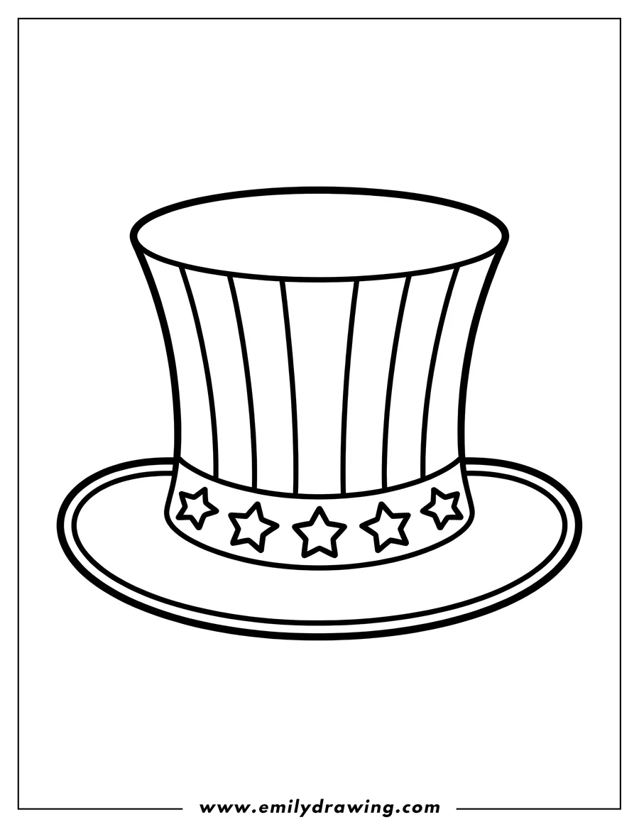 Outline of a patriotic top hat decorated with vertical stripes and stars.