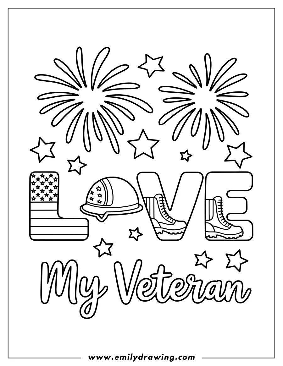 Line art of a Memorial Day design that says Love My Veteran. The word love is decorated with a flag, military helmet, and military boots. Fireworks and stars surround the words.