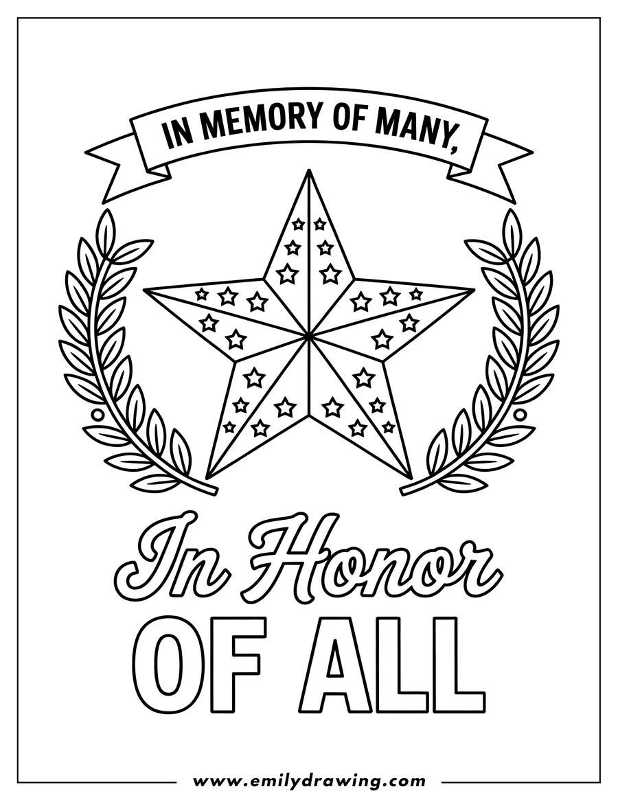 Outline of a five-pointed star decorated with smaller stars, framed by laurel branches, and with banners reading 'In Memory of Many' and 'In Honor of All', suitable for Memorial Day remembrance.