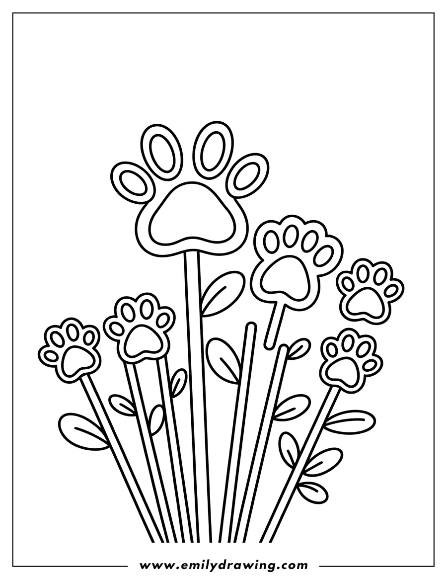 Outline drawing of stylized flowers with paw prints instead of petals.