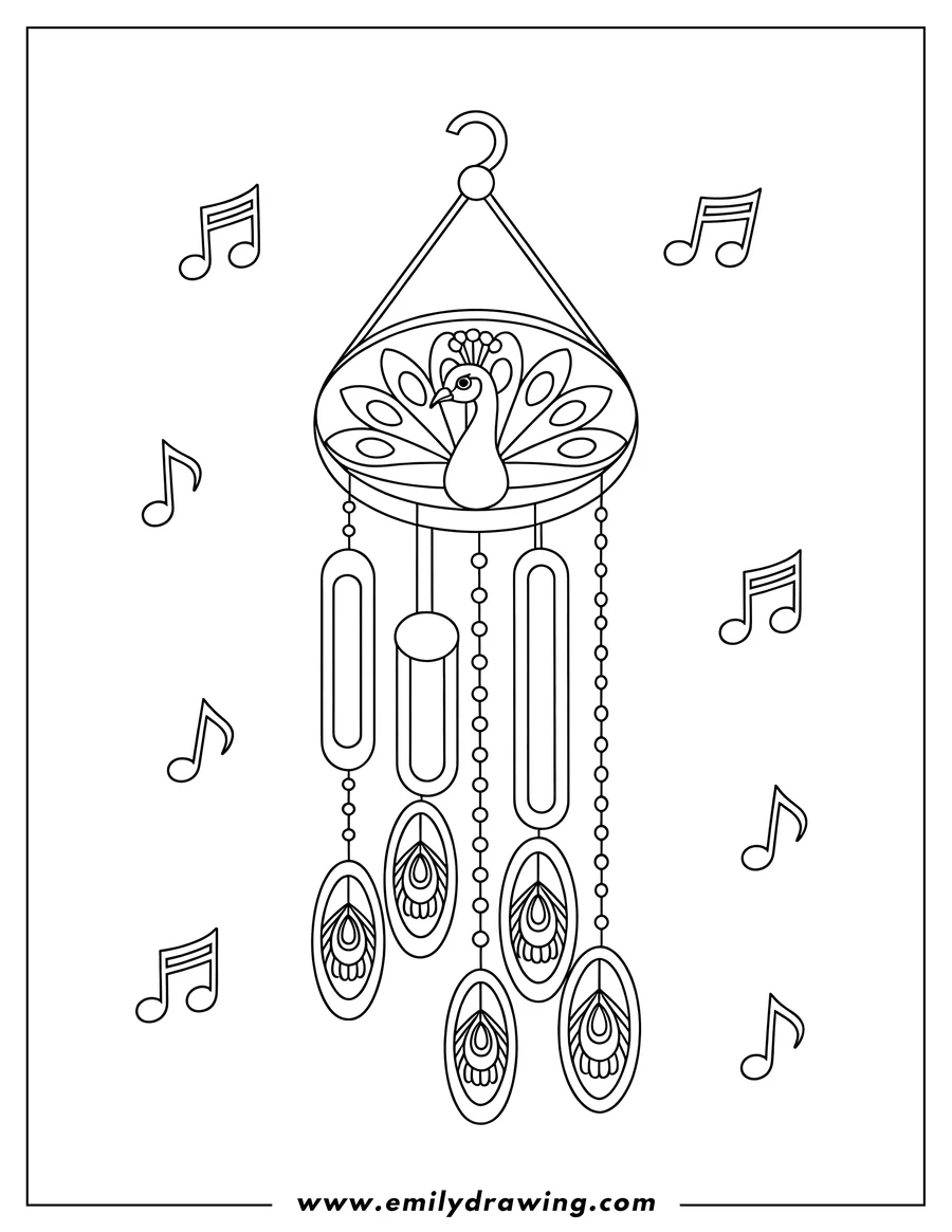 Outline of a peacock wind chime with hanging beads and feathers.