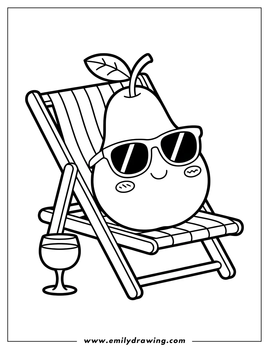 Outline of a pear wearing sunglasses and relaxing in a beach chair with a drink beside it.