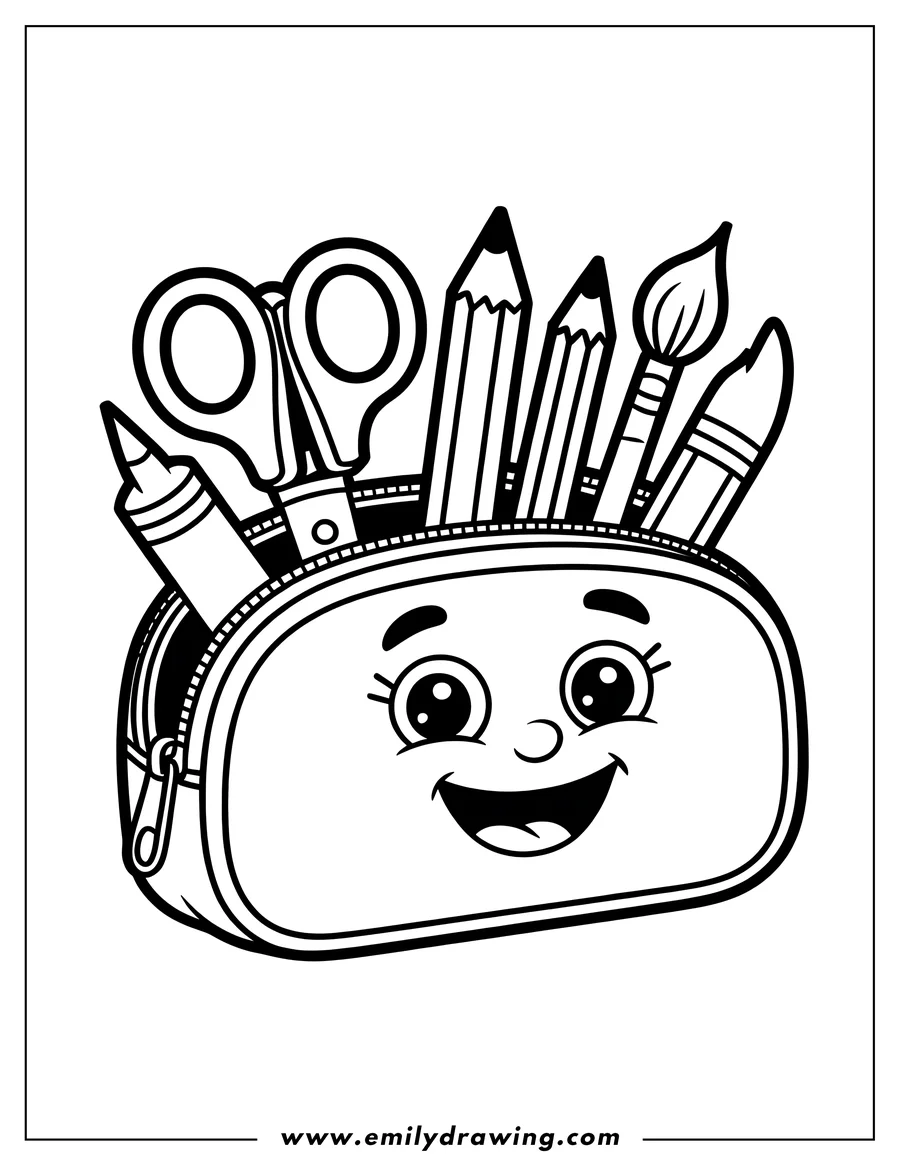 Line art of a smiling pencil case filled with school supplies like pencils, pens, scissors, and paintbrushes.
