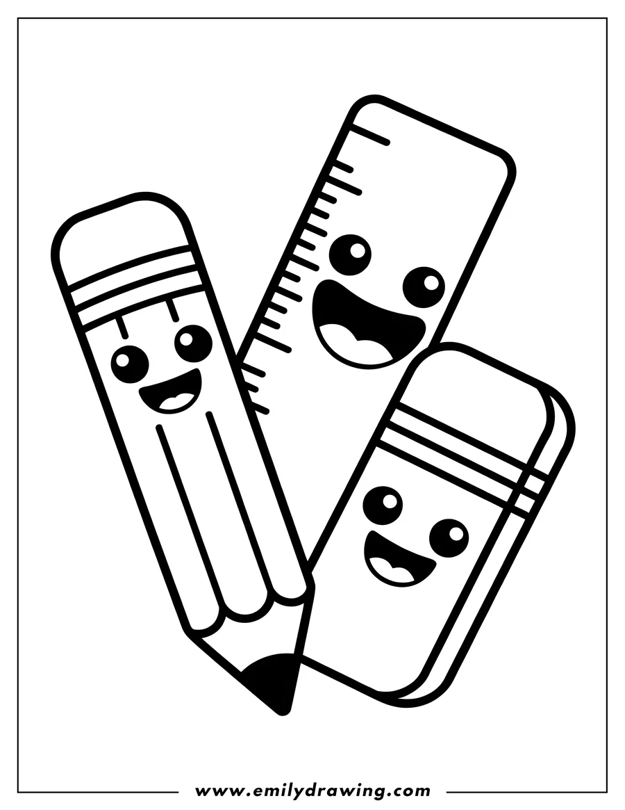 Line art of a pencil, ruler, and eraser, each with a happy face.