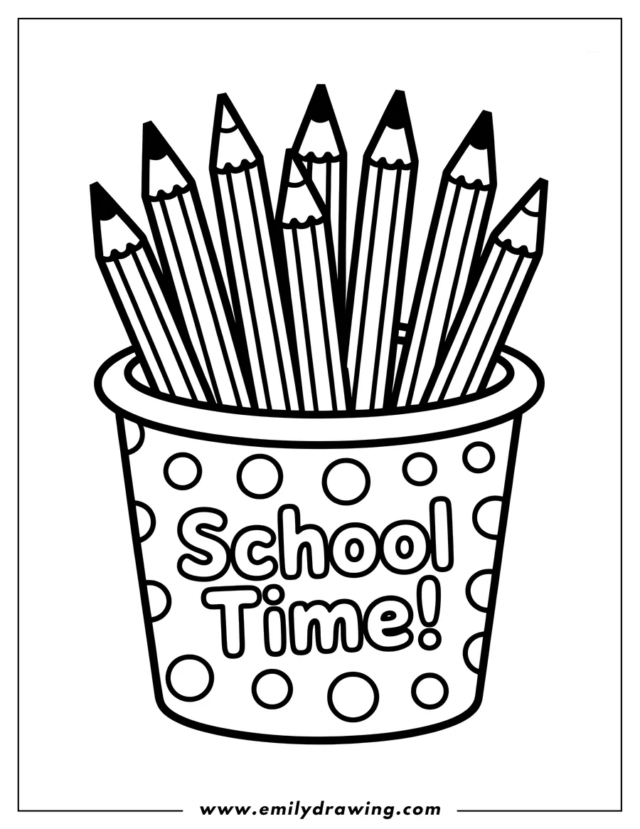 Outline of pencils in a cup labeled 'School Time'