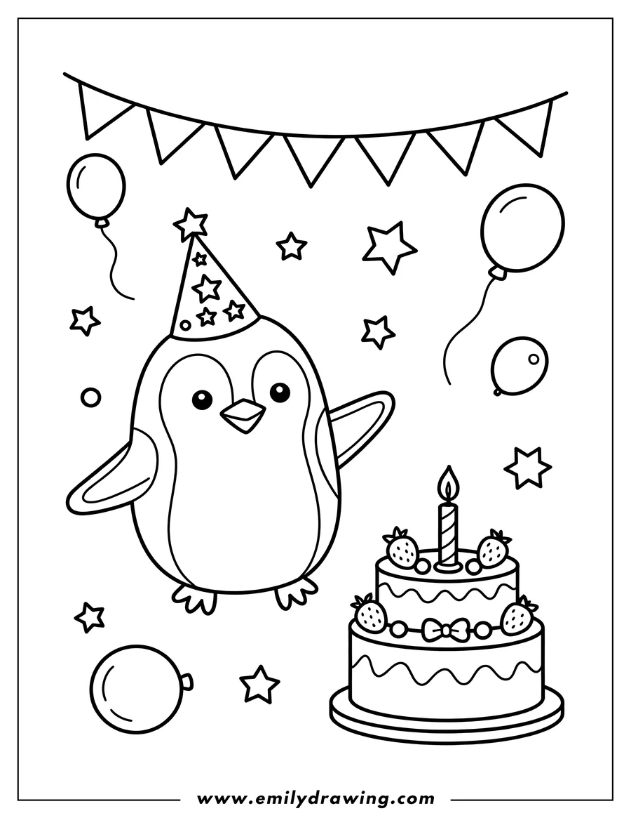 Line art of a penguin wearing a party hat, standing next to a birthday cake with a lit candle and strawberries. Balloons, stars, and party banners decorate the scene.
