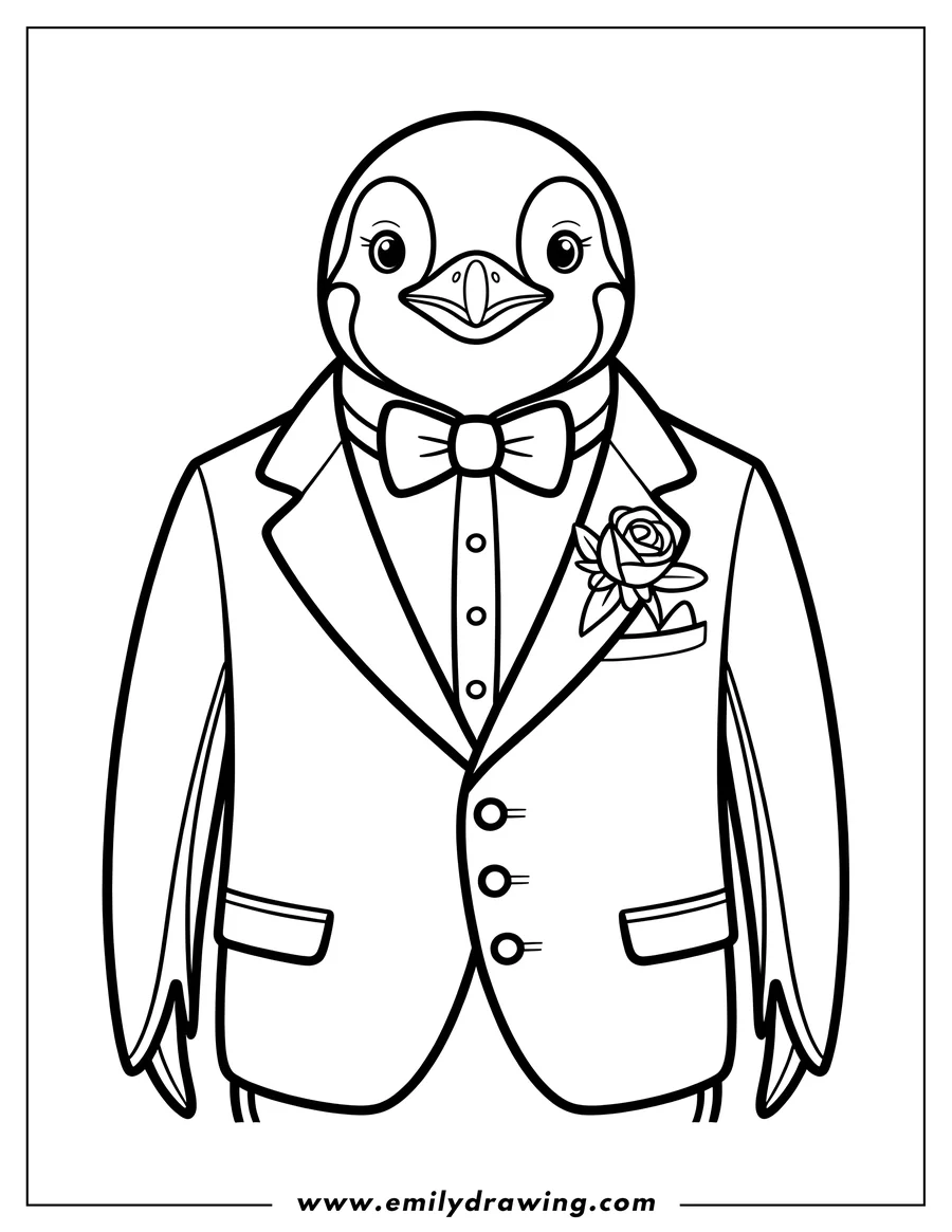 Outline of a penguin wearing a suit with a bow tie and a rose boutonniere.