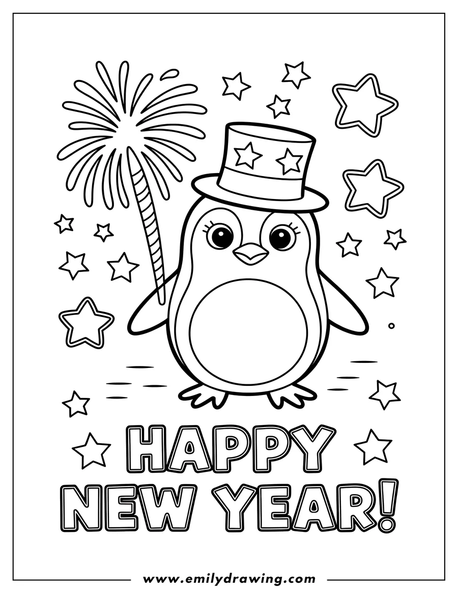 Line art of a penguin wearing a starred top hat and holding a firework, with 