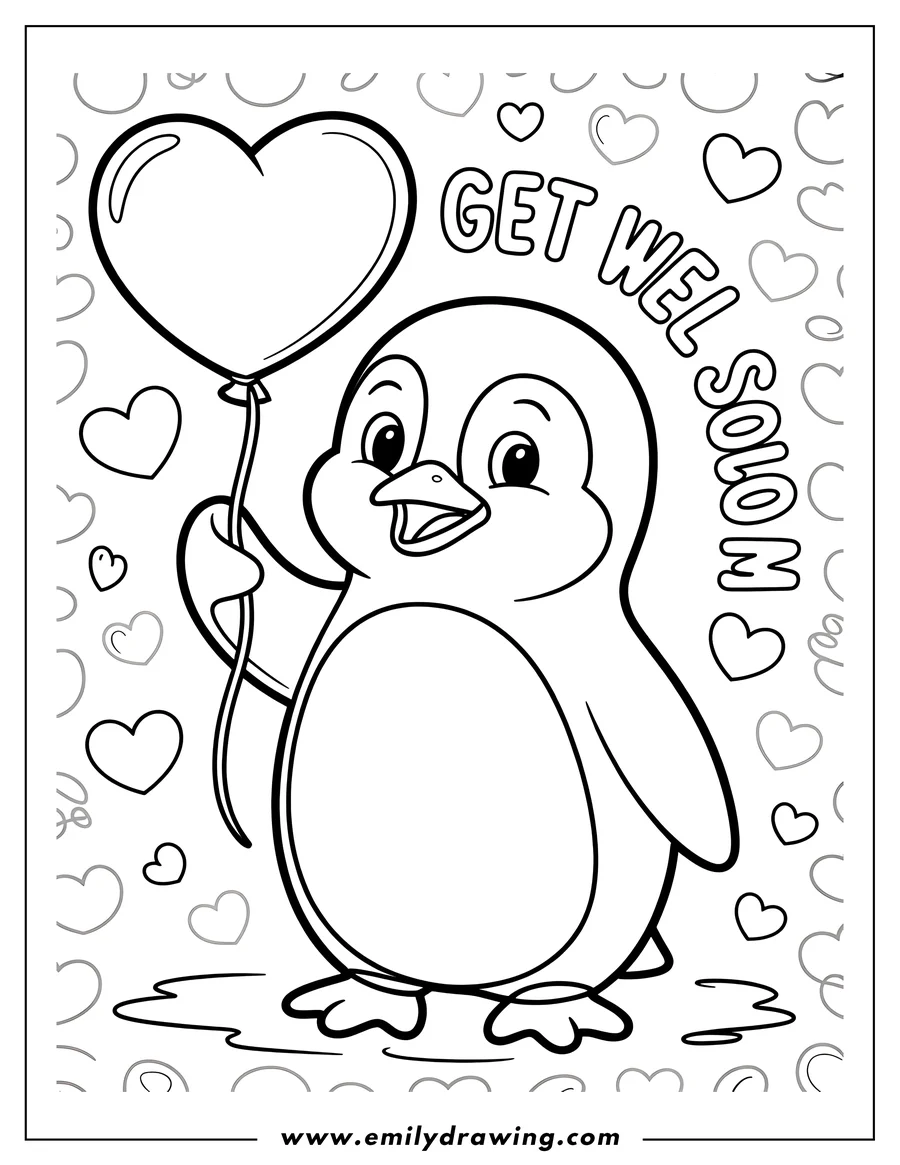 Line art of a penguin holding a heart-shaped balloon with the words 