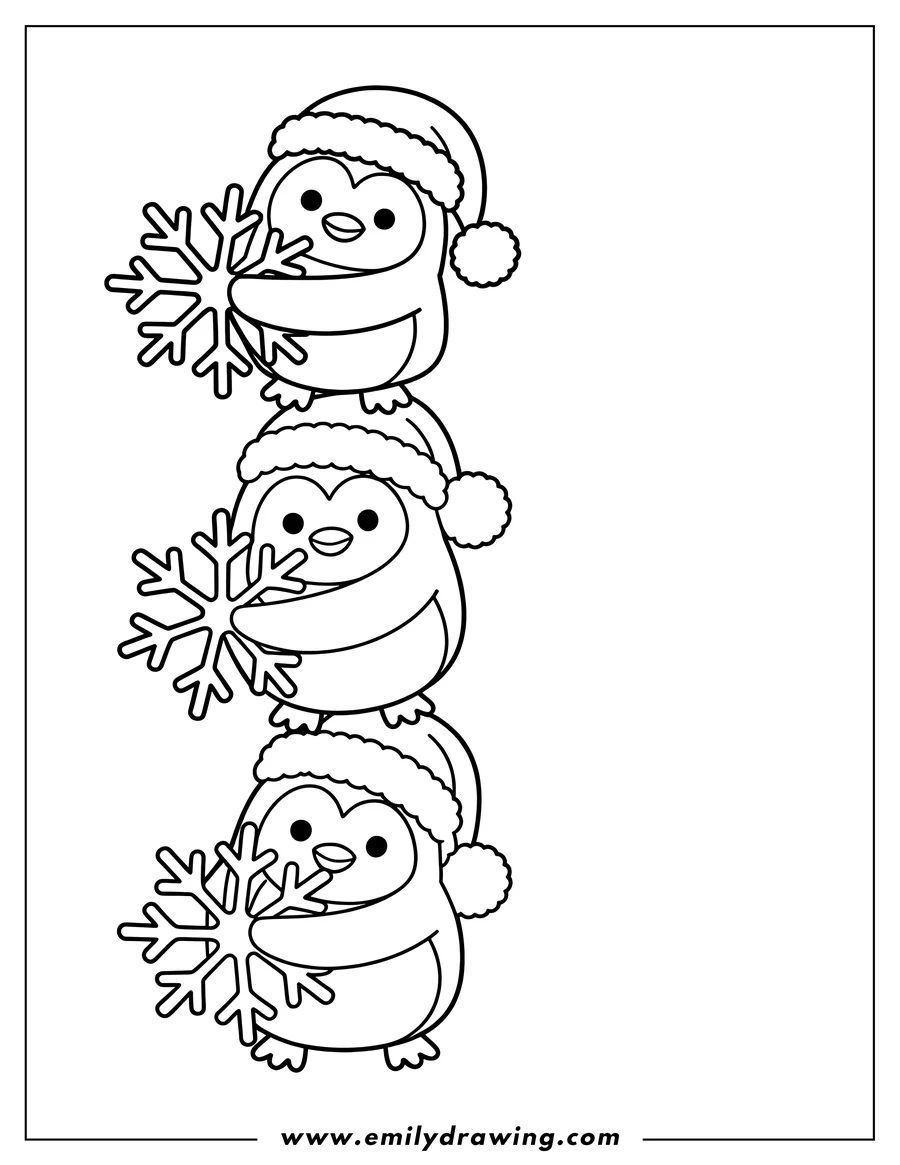 Three penguins wearing Santa hats and holding snowflakes. Perfect outline for a winter or Christmas coloring activity.
